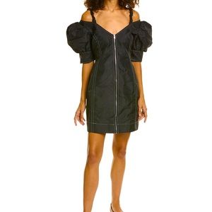 GANNI Cold-shoulder shell contrast stitching mini dress in Black size 10/12.